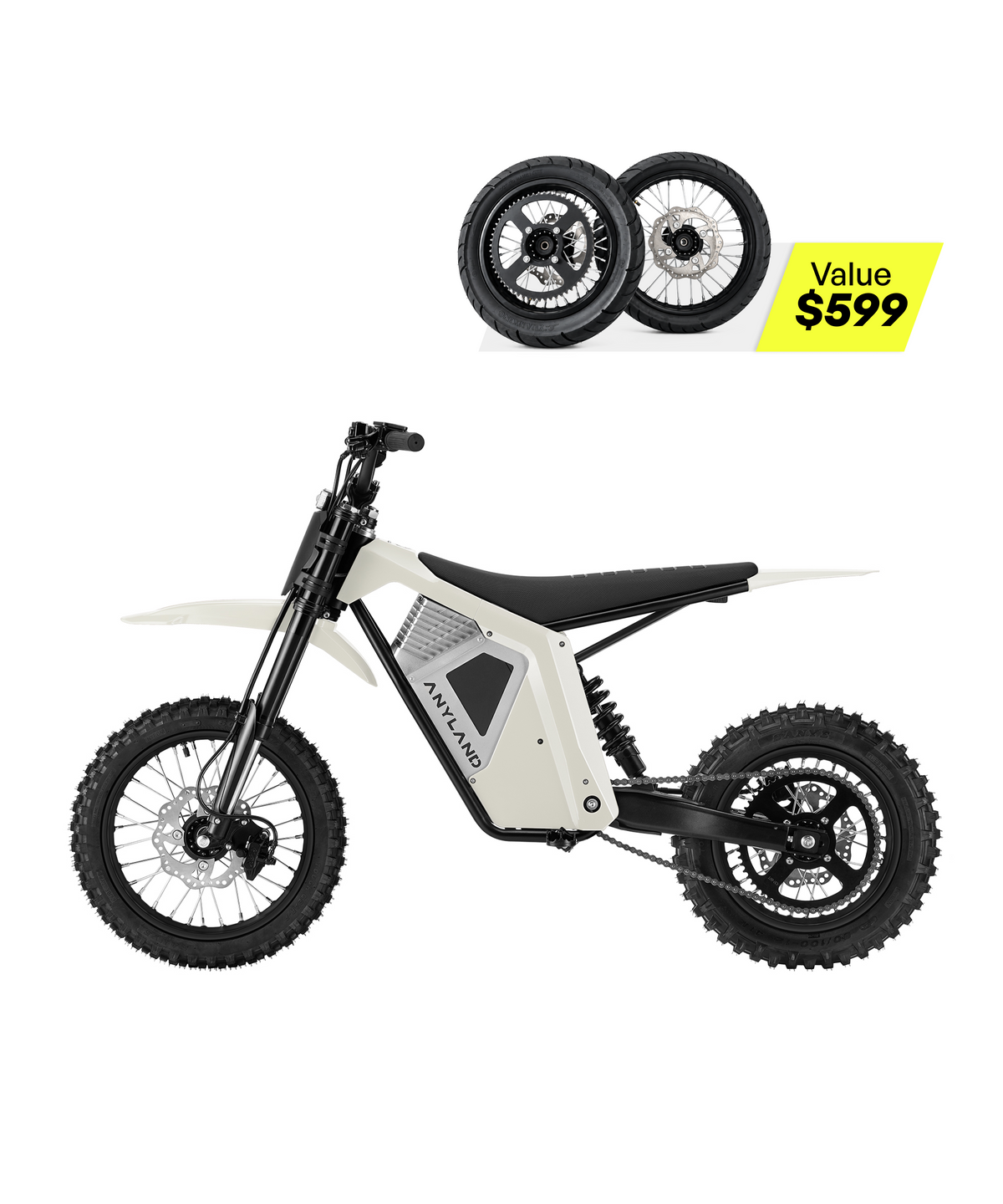 Rev Pro Electric Dirt Bike White + Supermoto Wheel Set